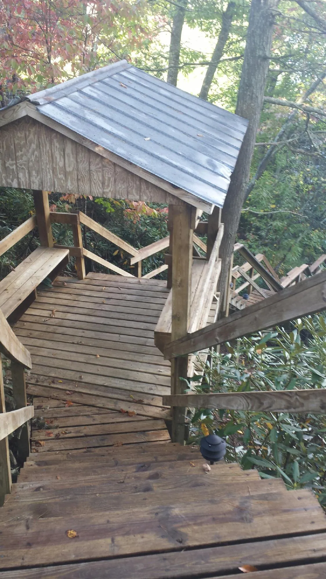 Metal roofed shelter over wooden steps on a wooded walkway — Skylight Repair & Installation work by our crew in Ellendale